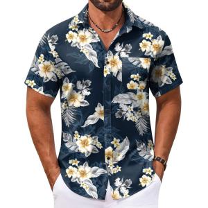imageCOOFANDY Mens Hawaiian Shirt Short Sleeve Casual Button Down Tropical Summer Beach Aloha ShirtsNavyyellow Flowers