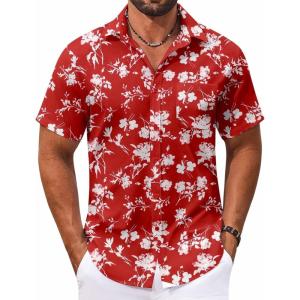 imageCOOFANDY Mens Hawaiian Shirt Short Sleeve Casual Button Down Tropical Summer Beach Aloha ShirtsRedwhite Flowers