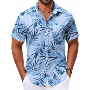 imageCOOFANDY Mens Hawaiian Shirt Short Sleeve Casual Button Down Tropical Summer Beach Aloha ShirtsWhiteblue Leaves