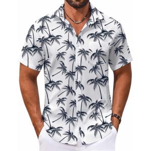imageCOOFANDY Mens Hawaiian Shirt Short Sleeve Casual Button Down Tropical Summer Beach Aloha ShirtsWhitecoconut Tree