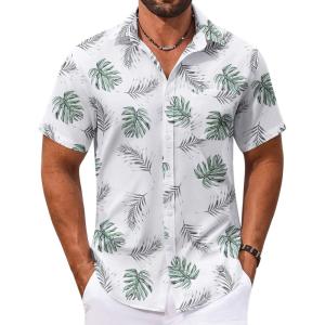 imageCOOFANDY Mens Hawaiian Shirt Short Sleeve Casual Button Down Tropical Summer Beach Aloha ShirtsWhitegreen Leaves