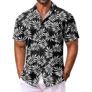 imageCOOFANDY Mens Hawaiian Shirt Short Sleeve Floral Button Down Shirts Tropical Vacation Beach Shirts with PocketBlack  White Leaf