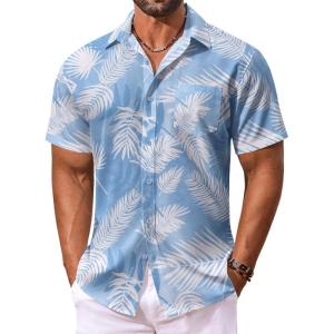 imageCOOFANDY Mens Hawaiian Shirt Short Sleeve Floral Button Down Shirts Tropical Vacation Beach Shirts with PocketBlue  White Leaf