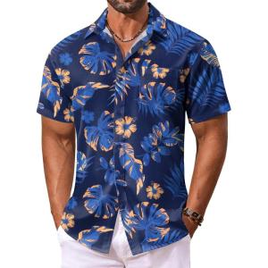 imageCOOFANDY Mens Hawaiian Shirt Short Sleeve Floral Button Down Shirts Tropical Vacation Beach Shirts with PocketDeep Blue  Leaf