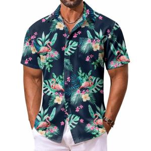 imageCOOFANDY Mens Hawaiian Shirt Short Sleeve Floral Button Down Shirts Tropical Vacation Beach Shirts with PocketNavy  Flamingo