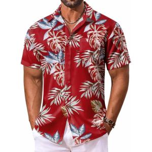 imageCOOFANDY Mens Hawaiian Shirt Short Sleeve Floral Button Down Shirts Tropical Vacation Beach Shirts with PocketRed  Tropical Leaf