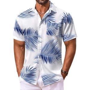 imageCOOFANDY Mens Hawaiian Shirt Short Sleeve Floral Button Down Shirts Tropical Vacation Beach Shirts with PocketWhite  Blue Leaf