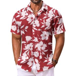 imageCOOFANDY Mens Hawaiian Shirt Short Sleeve Floral Button Down Shirts Tropical Vacation Beach Shirts with PocketWine Red  White Flower