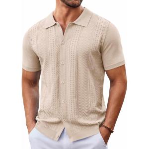 imageCOOFANDY Mens Knit Button Down Shirt Short Sleeve Summer Casual Shirts Vintage Beach Vacation ShirtsApricot