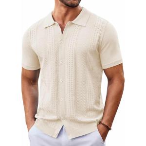 imageCOOFANDY Mens Knit Button Down Shirt Short Sleeve Summer Casual Shirts Vintage Beach Vacation ShirtsBeige