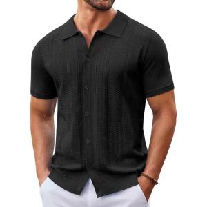 imageCOOFANDY Mens Knit Button Down Shirt Short Sleeve Summer Casual Shirts Vintage Beach Vacation ShirtsBlack