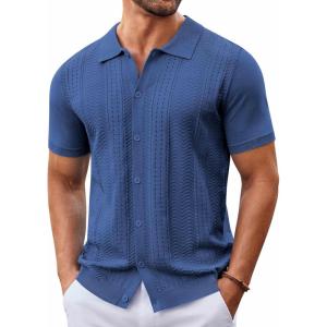 imageCOOFANDY Mens Knit Button Down Shirt Short Sleeve Summer Casual Shirts Vintage Beach Vacation ShirtsBlue