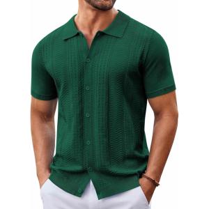 imageCOOFANDY Mens Knit Button Down Shirt Short Sleeve Summer Casual Shirts Vintage Beach Vacation ShirtsGreen