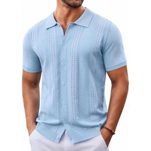 imageCOOFANDY Mens Knit Button Down Shirt Short Sleeve Summer Casual Shirts Vintage Beach Vacation ShirtsLight Blue