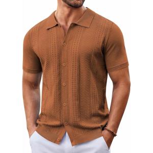 imageCOOFANDY Mens Knit Button Down Shirt Short Sleeve Summer Casual Shirts Vintage Beach Vacation ShirtsLight Brown