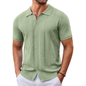 imageCOOFANDY Mens Knit Button Down Shirt Short Sleeve Summer Casual Shirts Vintage Beach Vacation ShirtsLight Green
