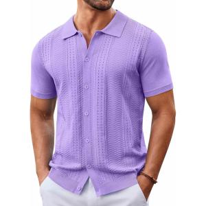 imageCOOFANDY Mens Knit Button Down Shirt Short Sleeve Summer Casual Shirts Vintage Beach Vacation ShirtsLight Purple