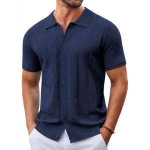 imageCOOFANDY Mens Knit Button Down Shirt Short Sleeve Summer Casual Shirts Vintage Beach Vacation ShirtsNavy Blue