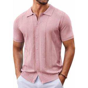 imageCOOFANDY Mens Knit Button Down Shirt Short Sleeve Summer Casual Shirts Vintage Beach Vacation ShirtsPink