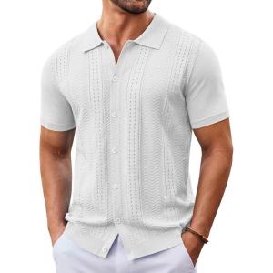 imageCOOFANDY Mens Knit Button Down Shirt Short Sleeve Summer Casual Shirts Vintage Beach Vacation ShirtsWhite