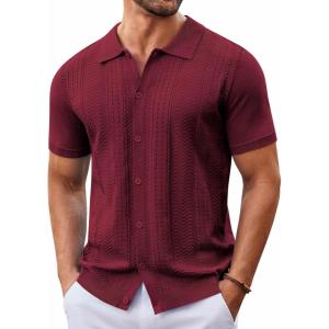 imageCOOFANDY Mens Knit Button Down Shirt Short Sleeve Summer Casual Shirts Vintage Beach Vacation ShirtsWine Red