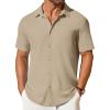imageCOOFANDY Mens Short Sleeve Button Down Shirt Casual Summer Beach Shirts Waffle Knit Shirt Wrinkle Free Untucked ShirtKhaki