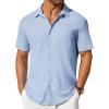 imageCOOFANDY Mens Short Sleeve Button Down Shirt Casual Summer Beach Shirts Waffle Knit Shirt Wrinkle Free Untucked ShirtLight Blue
