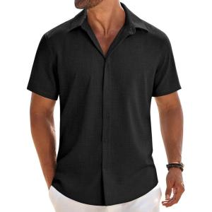 imageCOOFANDY Mens Button Down Shirt Short Sleeve Casual Shirts Beach Summer Linen Shirts Wedding Vacation ShirtBlack