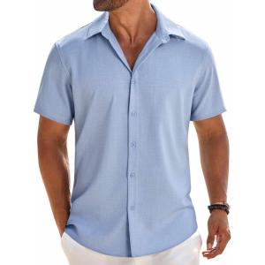 imageCOOFANDY Mens Button Down Shirt Short Sleeve Casual Shirts Beach Summer Linen Shirts Wedding Vacation ShirtClear Blue