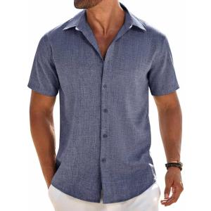 imageCOOFANDY Mens Button Down Shirt Short Sleeve Casual Shirts Beach Summer Linen Shirts Wedding Vacation ShirtDark Blue
