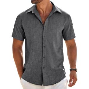 imageCOOFANDY Mens Button Down Shirt Short Sleeve Casual Shirts Beach Summer Linen Shirts Wedding Vacation ShirtGrey
