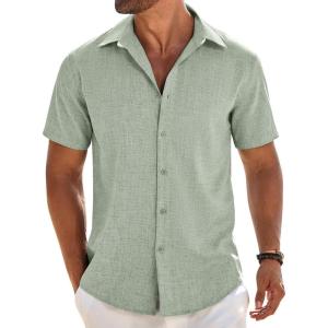 imageCOOFANDY Mens Button Down Shirt Short Sleeve Casual Shirts Beach Summer Linen Shirts Wedding Vacation ShirtLight Green