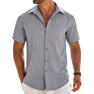 imageCOOFANDY Mens Button Down Shirt Short Sleeve Casual Shirts Beach Summer Linen Shirts Wedding Vacation ShirtLight Grey