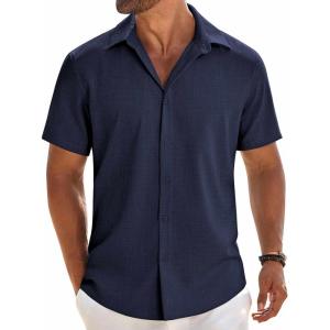 imageCOOFANDY Mens Button Down Shirt Short Sleeve Casual Shirts Beach Summer Linen Shirts Wedding Vacation ShirtNavy Blue
