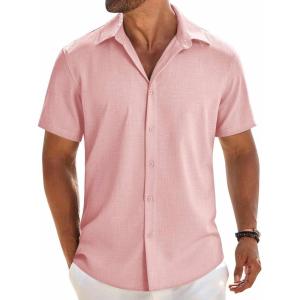 imageCOOFANDY Mens Button Down Shirt Short Sleeve Casual Shirts Beach Summer Linen Shirts Wedding Vacation ShirtPink