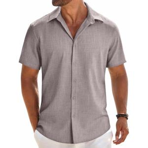 imageCOOFANDY Mens Button Down Shirt Short Sleeve Casual Shirts Beach Summer Linen Shirts Wedding Vacation ShirtStone