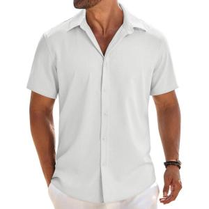imageCOOFANDY Mens Button Down Shirt Short Sleeve Casual Shirts Beach Summer Linen Shirts Wedding Vacation ShirtWhite