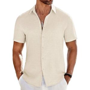 imageCOOFANDY Mens Casual Button Down Shirts Short Sleeve Textured Summer Beach ShirtBeige