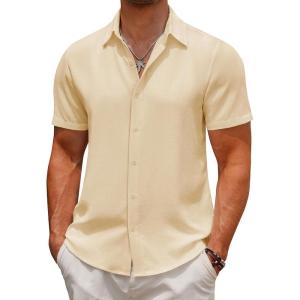 imageCOOFANDY Mens Casual Button Down Short Sleeve Shirts Summer Beach Wedding Shirt Vacation Cotton ShirtsBeige