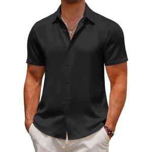 imageCOOFANDY Mens Casual Button Down Short Sleeve Shirts Summer Beach Wedding Shirt Vacation Cotton ShirtsBlack