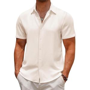 imageCOOFANDY Mens Casual Button Down Short Sleeve Shirts Summer Beach Wedding Shirt Vacation Cotton ShirtsChampagne