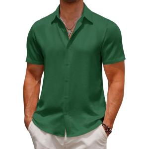imageCOOFANDY Mens Casual Button Down Short Sleeve Shirts Summer Beach Wedding Shirt Vacation Cotton ShirtsEvergreen