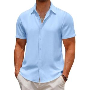 imageCOOFANDY Mens Casual Button Down Short Sleeve Shirts Summer Beach Wedding Shirt Vacation Cotton ShirtsLight Blue