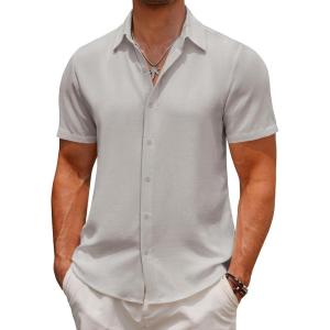 imageCOOFANDY Mens Casual Button Down Short Sleeve Shirts Summer Beach Wedding Shirt Vacation Cotton ShirtsLight Gray