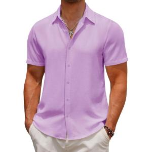 imageCOOFANDY Mens Casual Button Down Short Sleeve Shirts Summer Beach Wedding Shirt Vacation Cotton ShirtsLilac