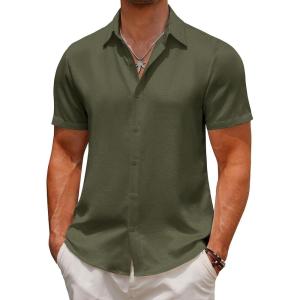 imageCOOFANDY Mens Casual Button Down Short Sleeve Shirts Summer Beach Wedding Shirt Vacation Cotton ShirtsOlive Drab