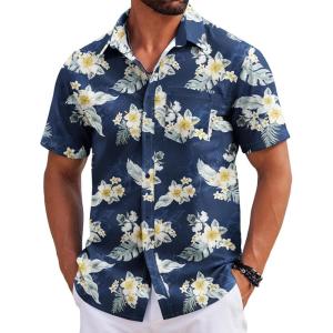 imageCOOFANDY Mens Hawaiian Shirts Short Sleeve Tropical Button Down Shirts Floral Summer Beach ShirtBlack  White Leaf