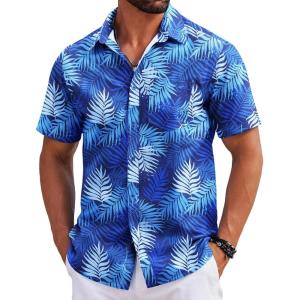 imageCOOFANDY Mens Hawaiian Shirts Short Sleeve Tropical Button Down Shirts Floral Summer Beach ShirtBlue  Palm Leaf