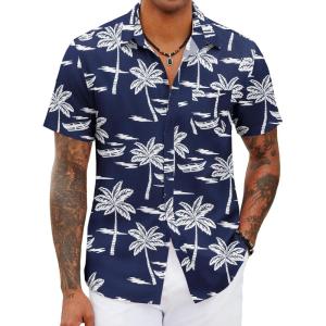 imageCOOFANDY Mens Hawaiian Shirts Short Sleeve Tropical Button Down Shirts Floral Summer Beach ShirtDark Blue  Palm Tree