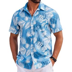 imageCOOFANDY Mens Hawaiian Shirts Short Sleeve Tropical Button Down Shirts Floral Summer Beach ShirtLight Blue  Plam Leaf